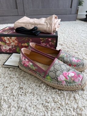 Gucci Floral GG Canvas Espadrilles with Pink Trim